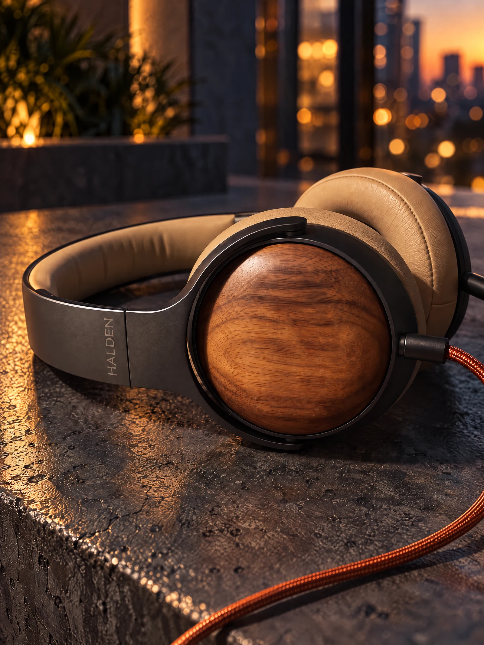 Close view of the real wood earcup, cream cushion, HALDEN arm mark and copper cable connector